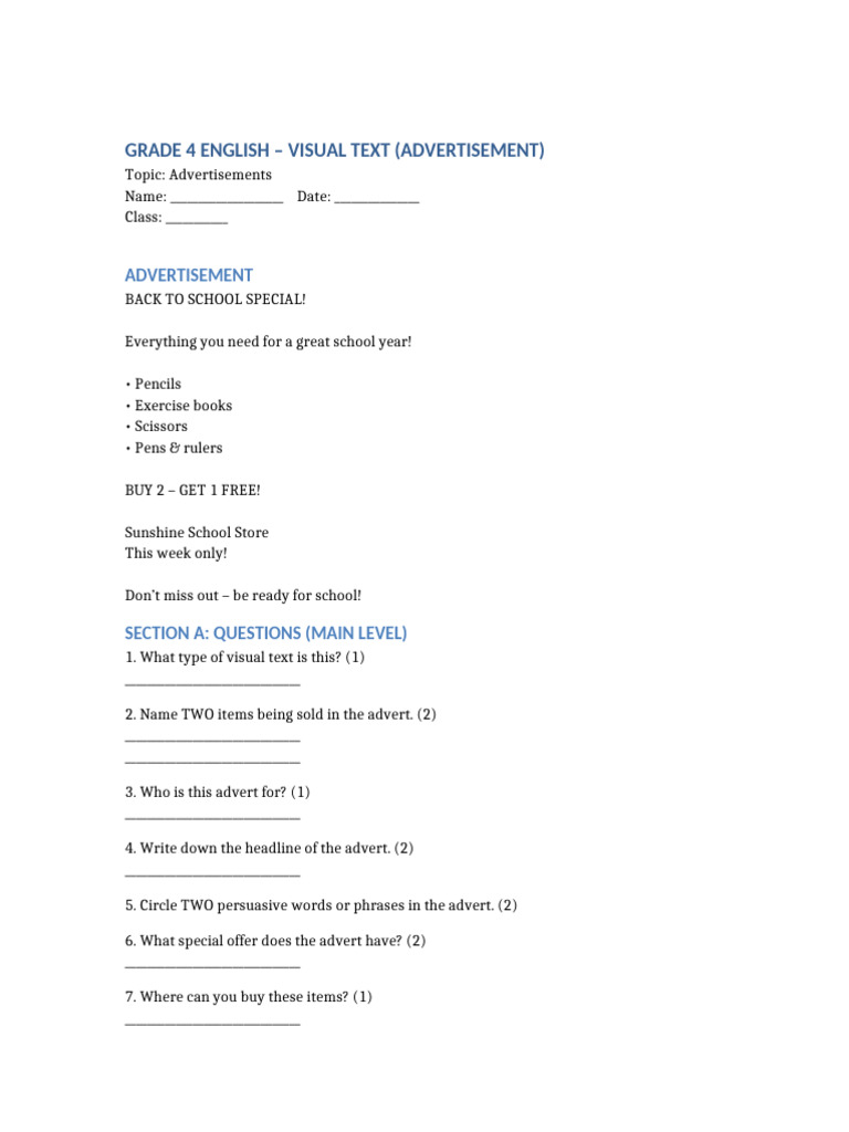 Grade 4 Visual Text Advert Worksheet | PDF
