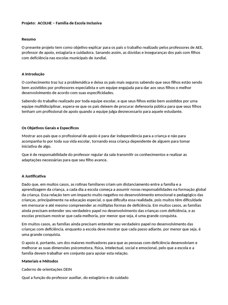 Projeto - ACOLHE - Família e Escola Inclusiva | PDF