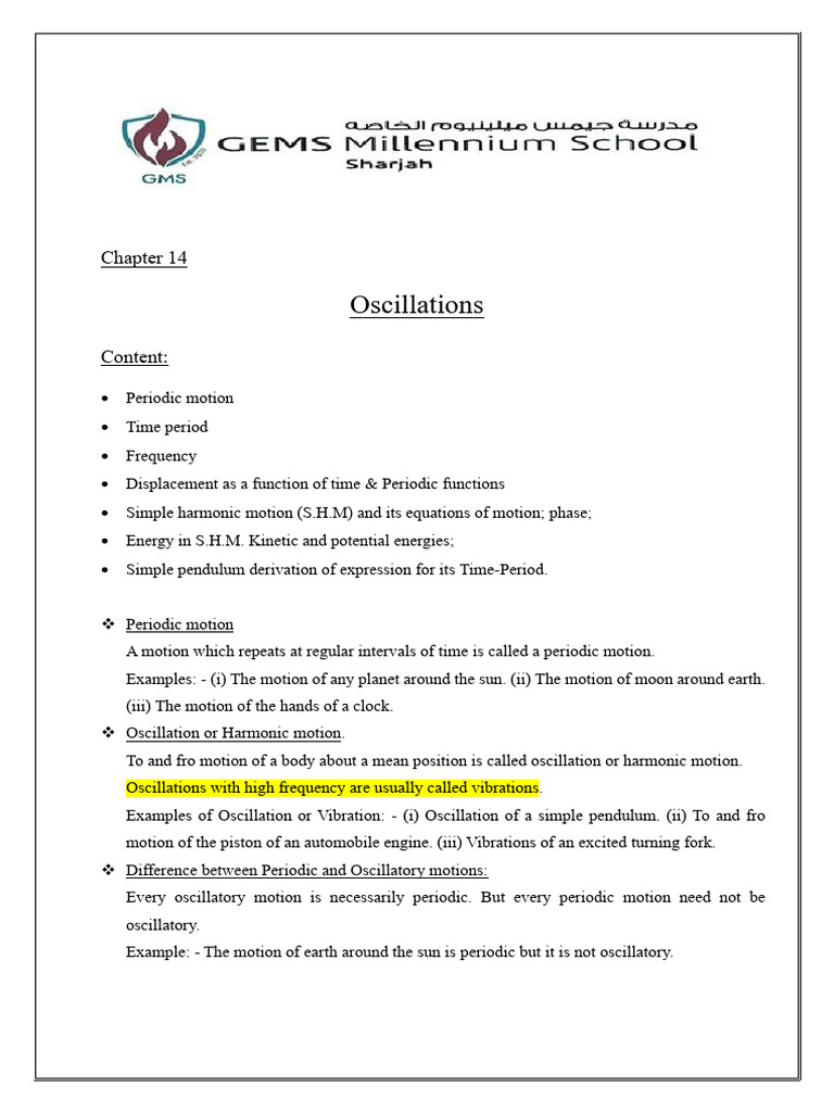 Chapter 13 Oscillation GMS Notes | PDF | Oscillation | Pendulum