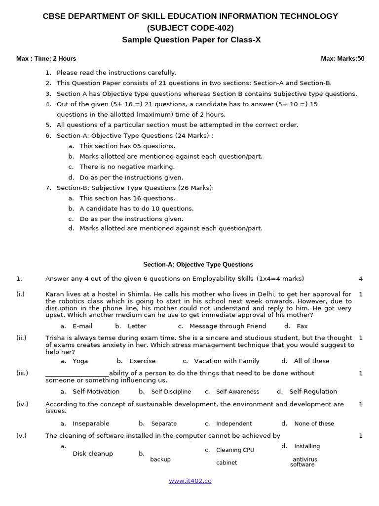Sample Question Paper For Class X IT 402 Question Paper IT402 | PDF ...