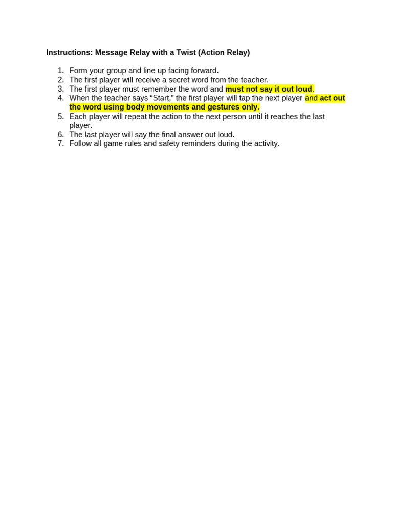 Action Relay Game Instruction | PDF