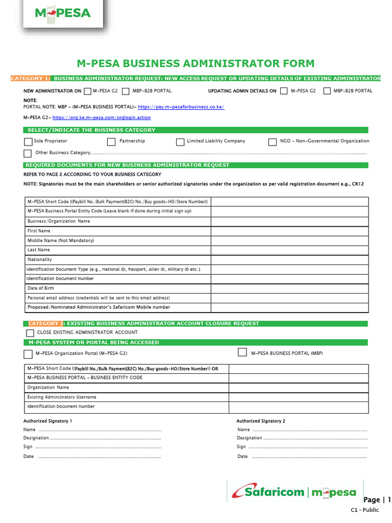 M-PESA Business Administrator Form 2025 | PDF | Business | Identity ...