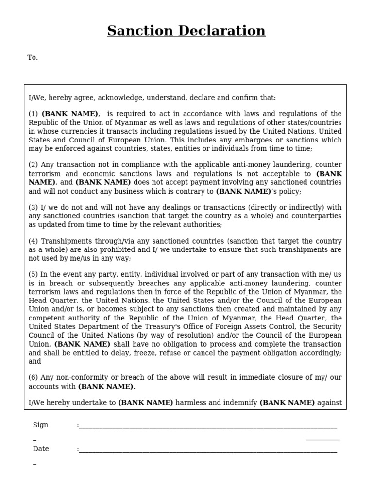 Sanction Declaration Template (Draft) | PDF | Banks | Indemnity