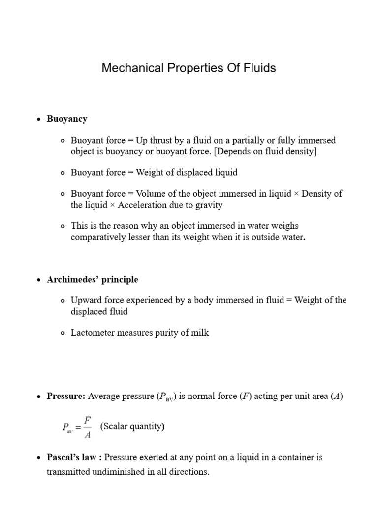 Mechanical Properties of Fluids | PDF | Buoyancy | Pressure