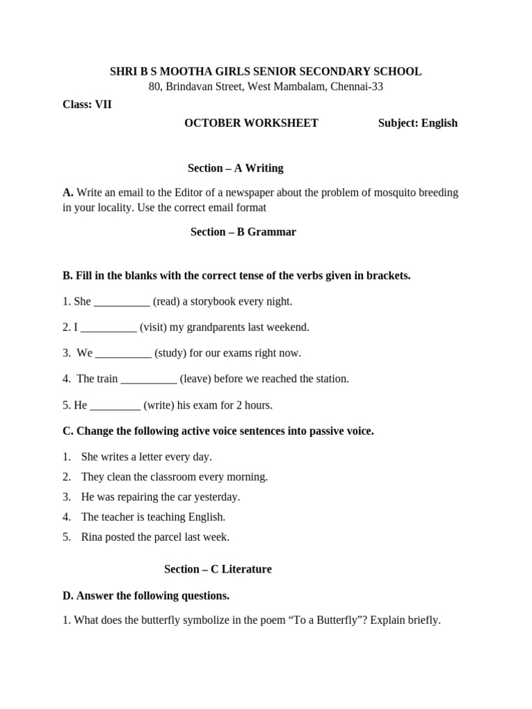 Class 7 October Worksheet QP | PDF