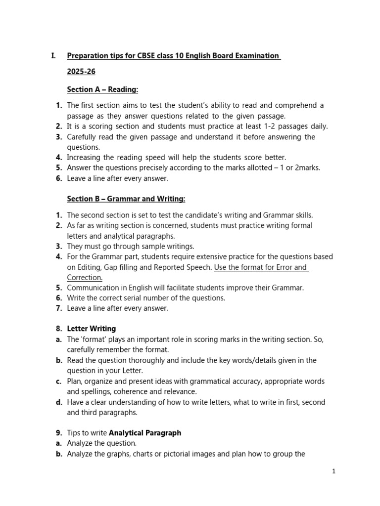 English-Tips To Prepare and Score Well in Board Exams 2025 - 26 | PDF ...