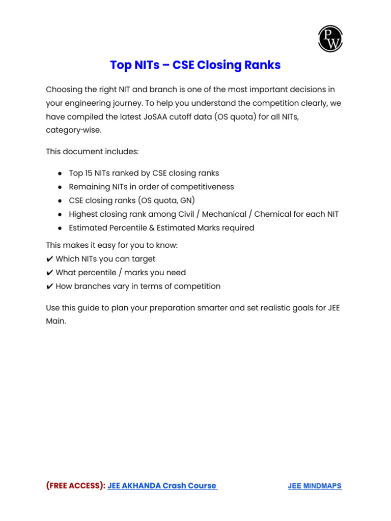 Top NITs - CSE Closing Ranks | PDF | Education Policy | Academic ...
