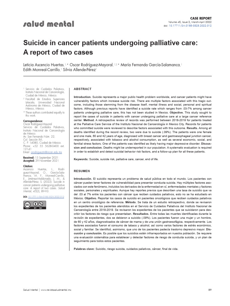 Suicide in Cancer Patients Undergoing Palliative Care: A Report of Two ...
