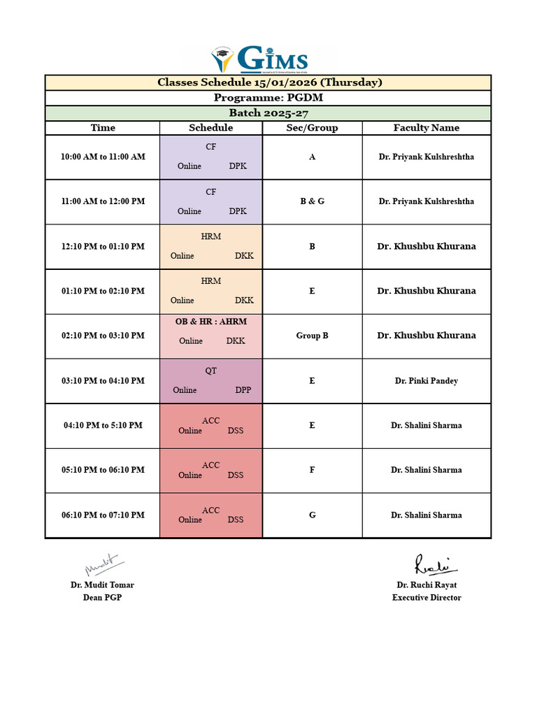 1st Year - Time Table For Tomorrow | PDF