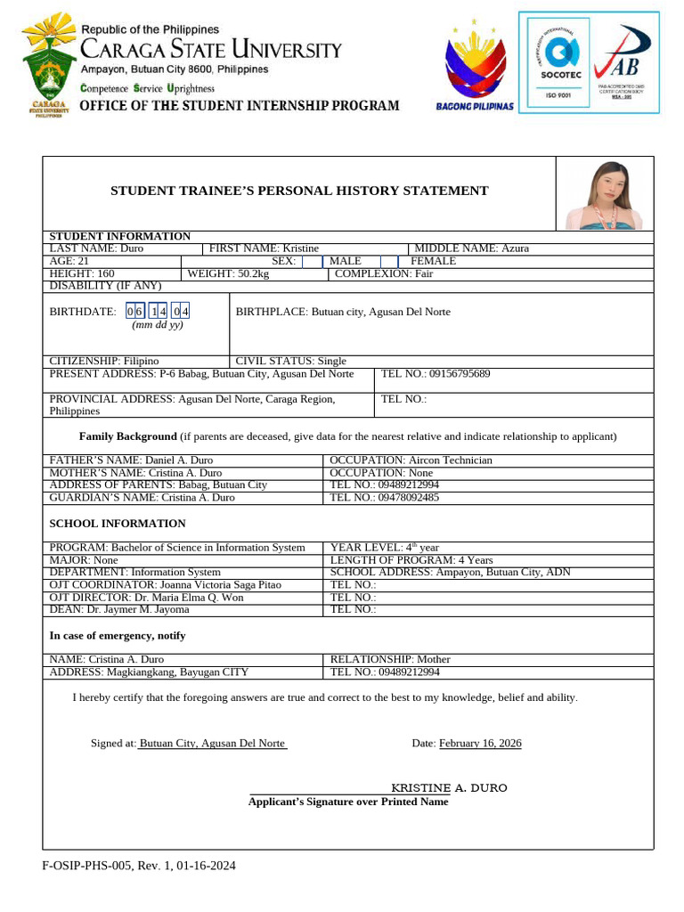 Duro Student Trainees Personal History Statement | PDF