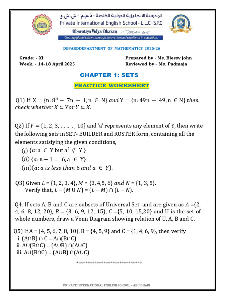 Sets Practice Worksheet April (14 18) 2025 26 | PDF