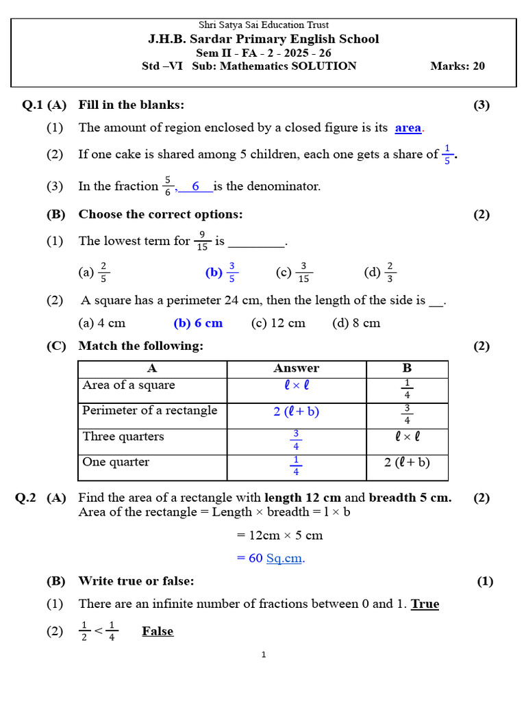 Grade 6 Math Fa 2 - Solution | PDF | Area | Discrete Mathematics