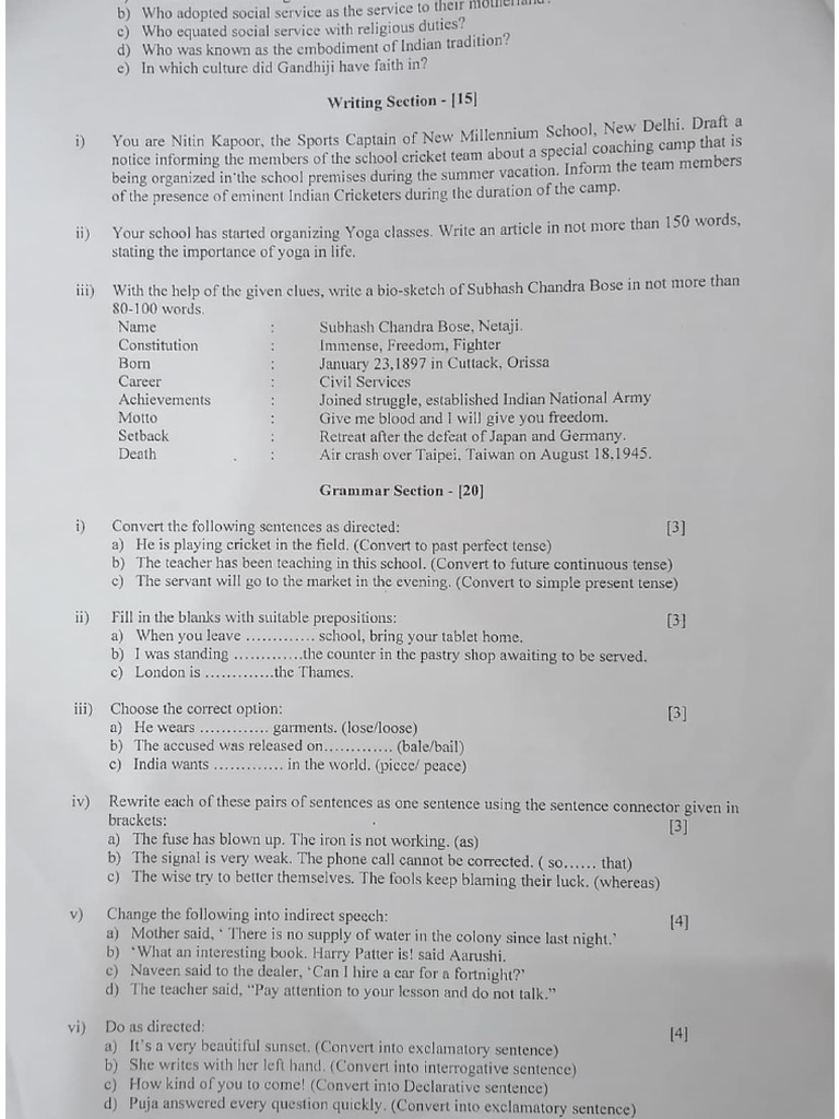 Final Term Question Papers (Class 8) | PDF