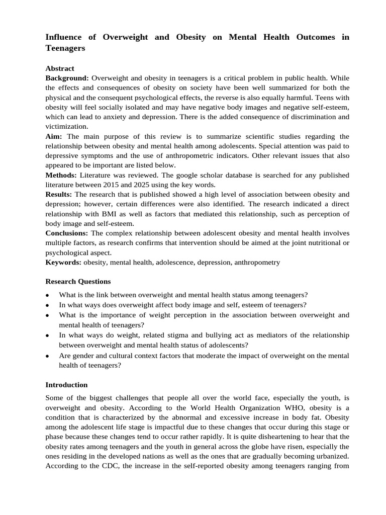 Influence of Overweight and Obesity On Mental Health Outcomes in ...