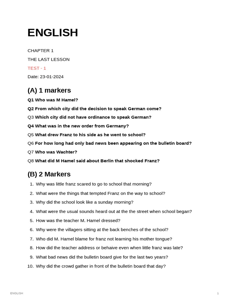 English Test 1 The Last Lesson | PDF