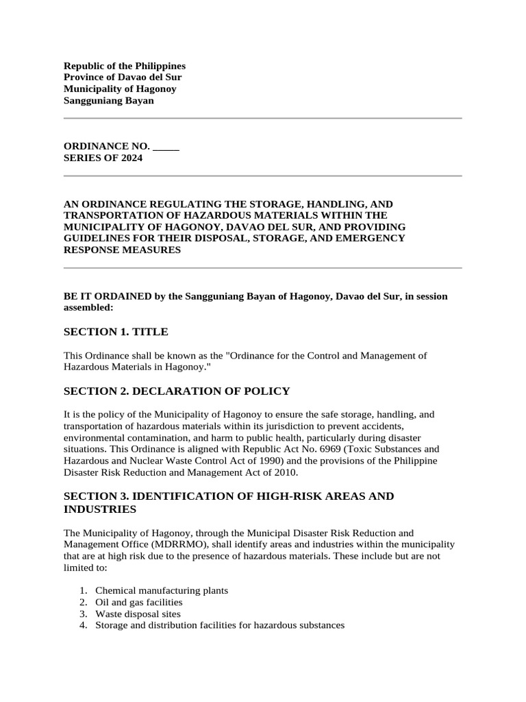 Sample DRRM Ordinace 2 | PDF | Dangerous Goods | Waste Management
