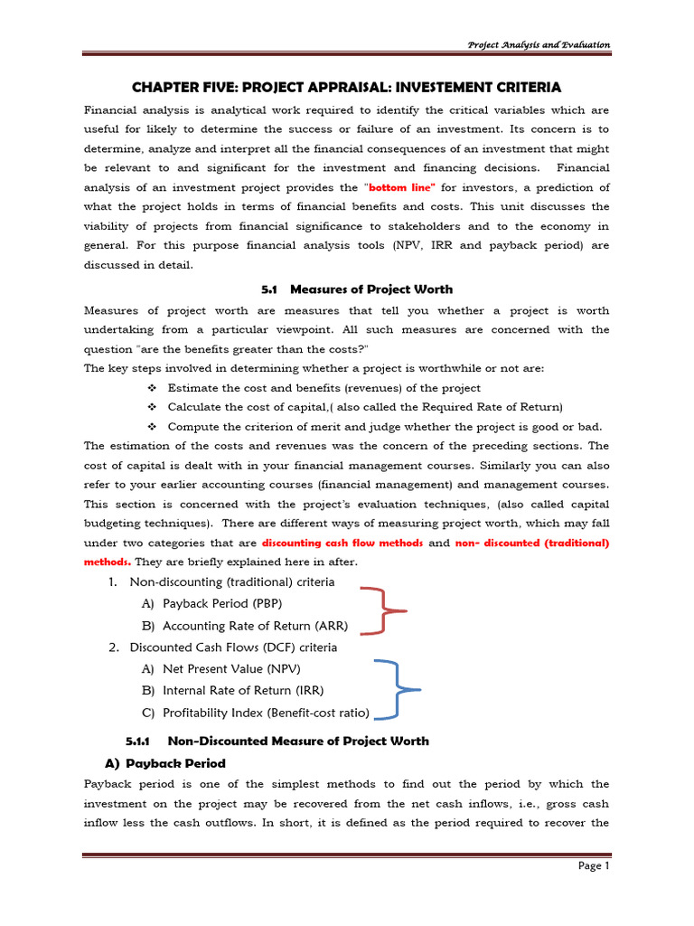 Chapter 5 Project Appraisal | PDF | Net Present Value | Internal Rate ...
