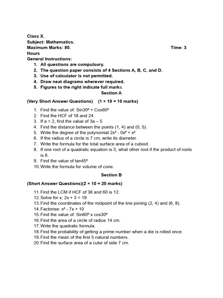 Model Paper 1 Mathematics 10 | PDF | Area | Quadratic Equation
