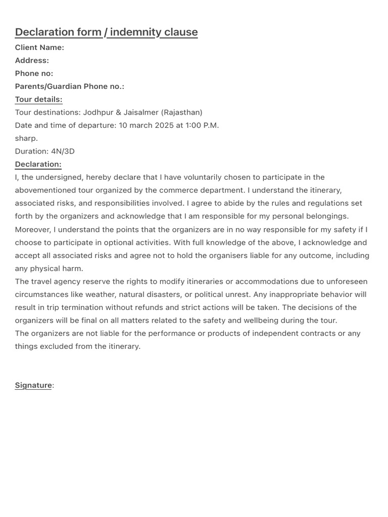Declaration Form: Indemnity Clause | PDF
