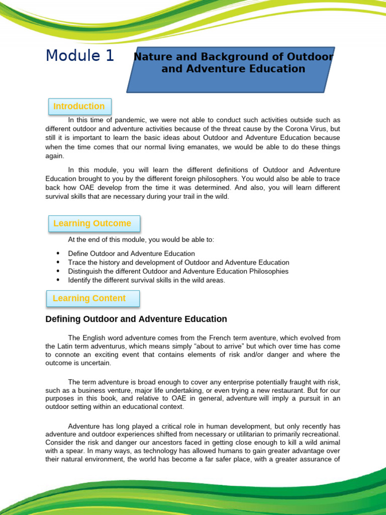 Module 1 Nature and Bakground of Outdoor and Adventure Education | PDF