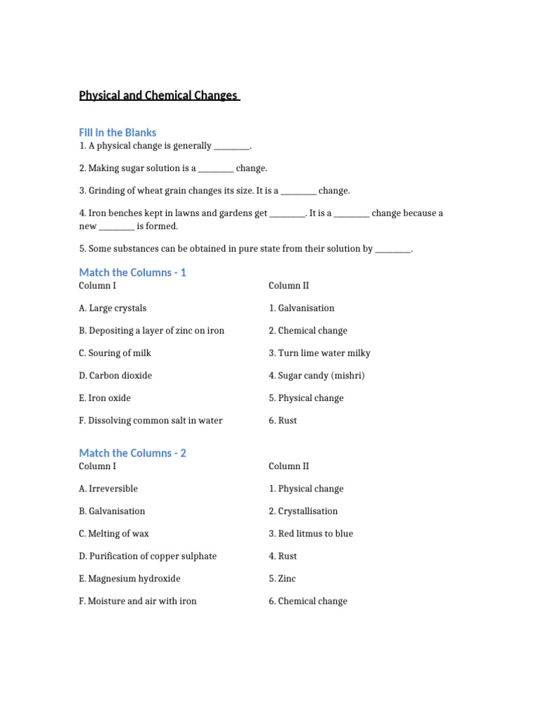 Physical and Chemical Changes Questions | PDF