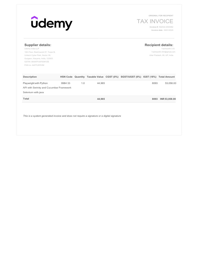 Cource Receipt | PDF