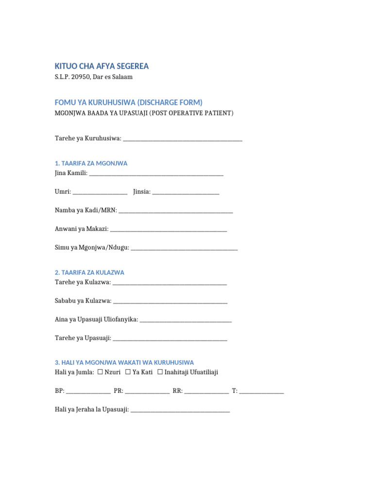 Discharge Form Post Operative Segerea Blank | PDF