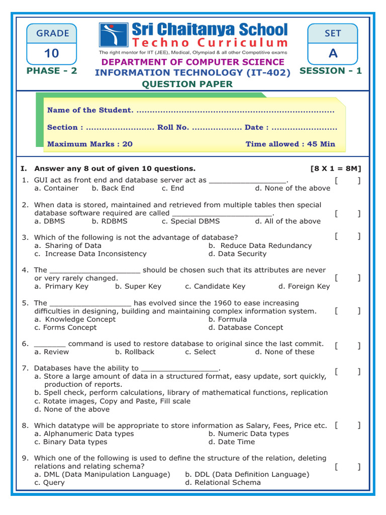 Grade 10 - Phase II - Session 1 - Set A QP | PDF | Databases | Computer ...