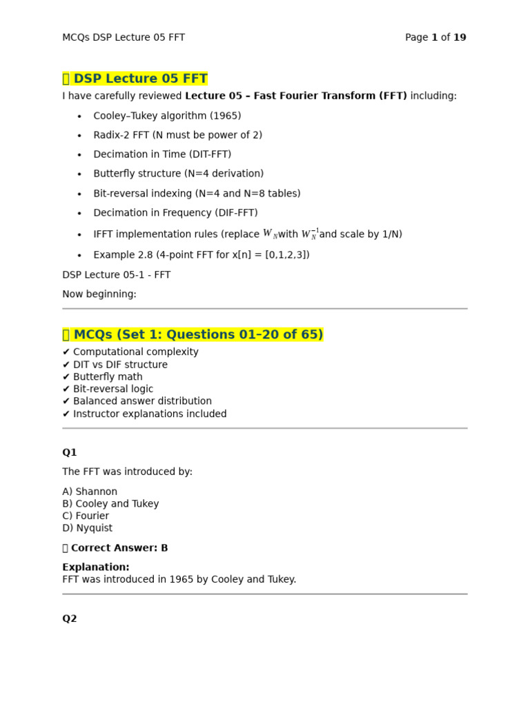 MCQs DSP Lecture 05 FFT | PDF | Fast Fourier Transform | Discrete ...