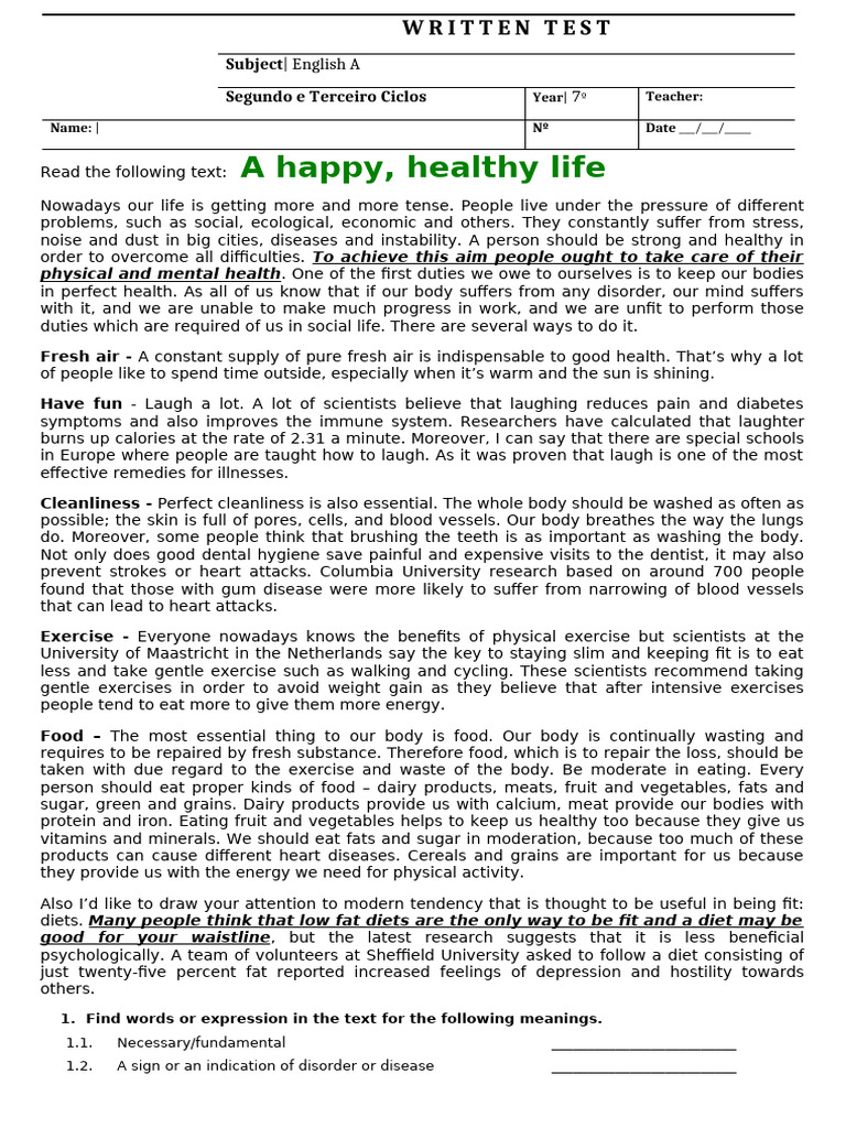 Y7 Test March 2014 A Happy Healthy Life | PDF | Foods | Determinants Of ...
