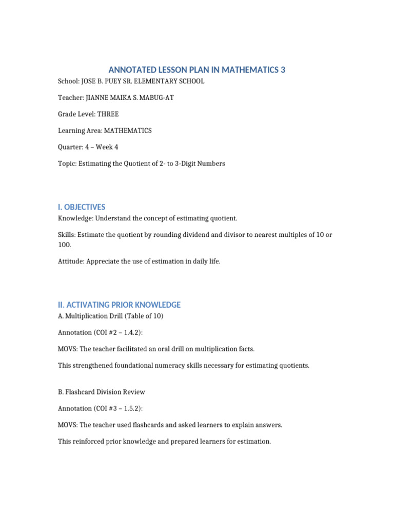 Annotated Lesson Plan Math3 Q4 Week4 | PDF | Learning | Teachers