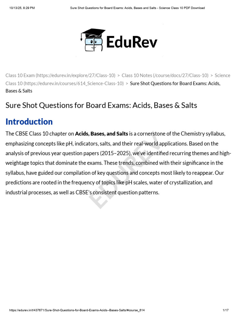 Sure Shot Questions For Board Exams - Acids, Bases and Salts - Science ...