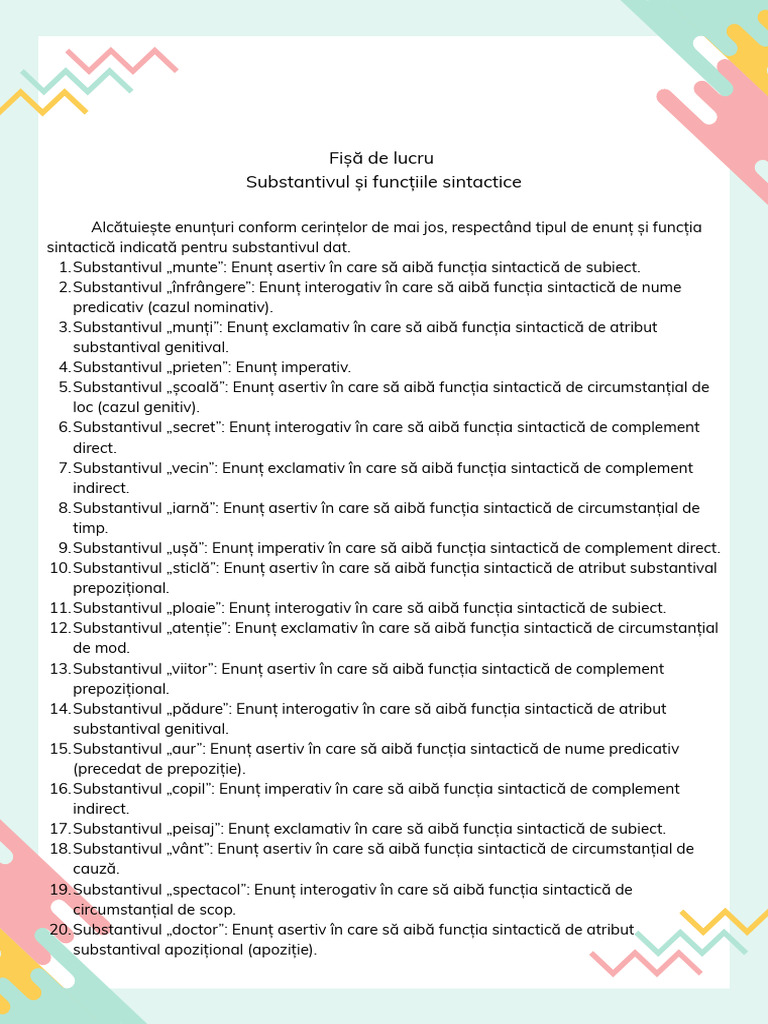 Fisa de Lucru Substantivul Si Functiile Sintactice | PDF