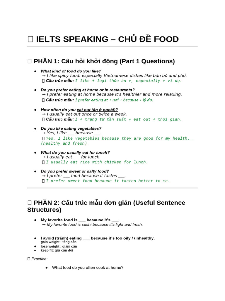 ? Ielts Speaking - Chủ Đề Food | PDF | Lunch | Vietnamese Cuisine