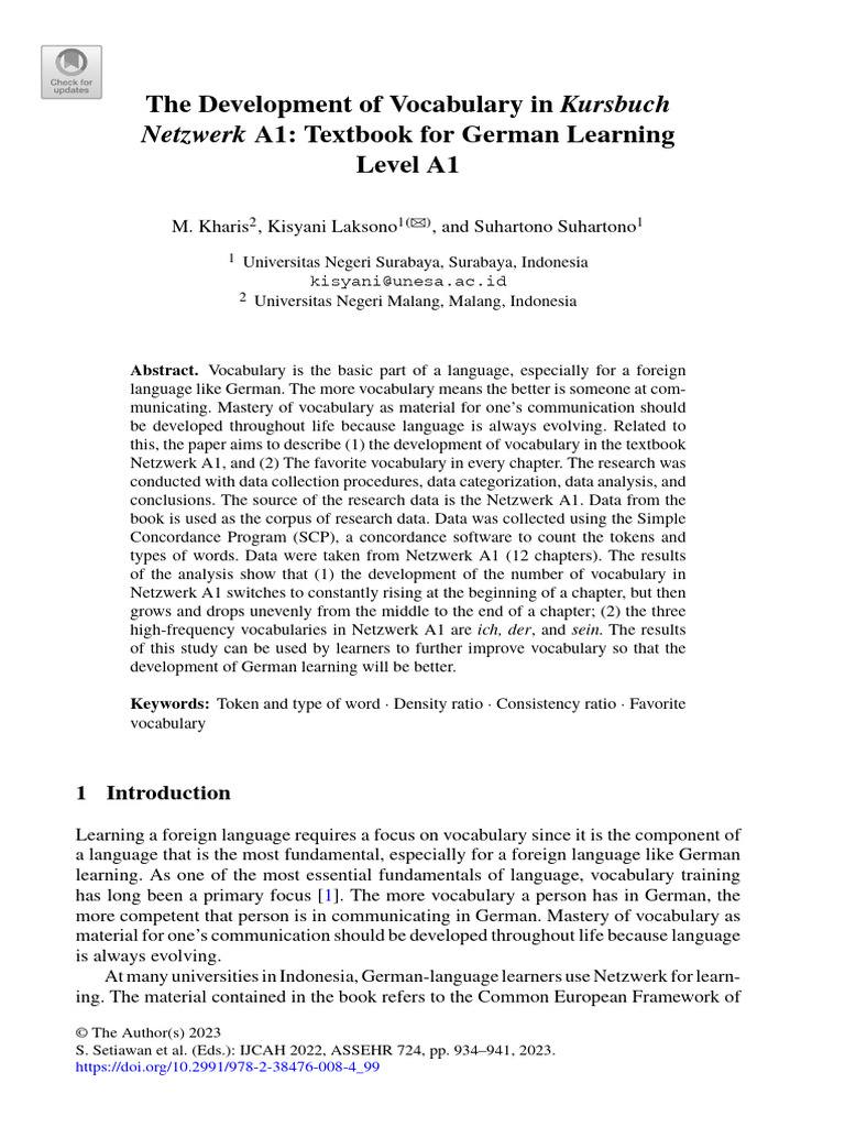 The Development of Vocabulary in A1: Textbook For German Learning Level ...