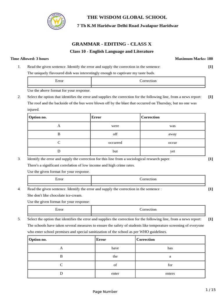 CLASS X English Grammar Practice | PDF