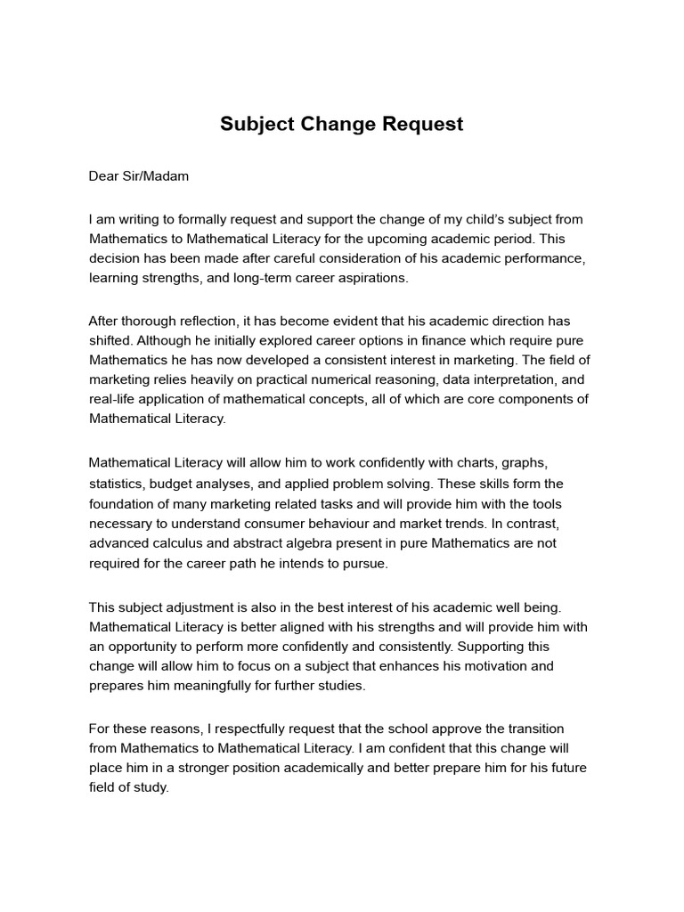 Subject Change Letter Final | PDF