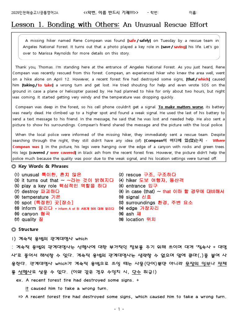 Lesson 1 worksheet (with 정답) | PDF
