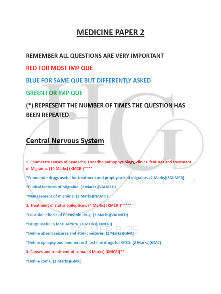 MEDICINE Paper 2 Prelim Compilation by H.G!!! | PDF