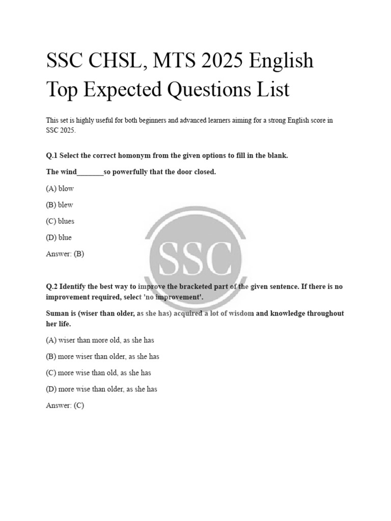 SSC CHSL, MTS 2025 English Top Expected Questions List: (A) Blow (B ...