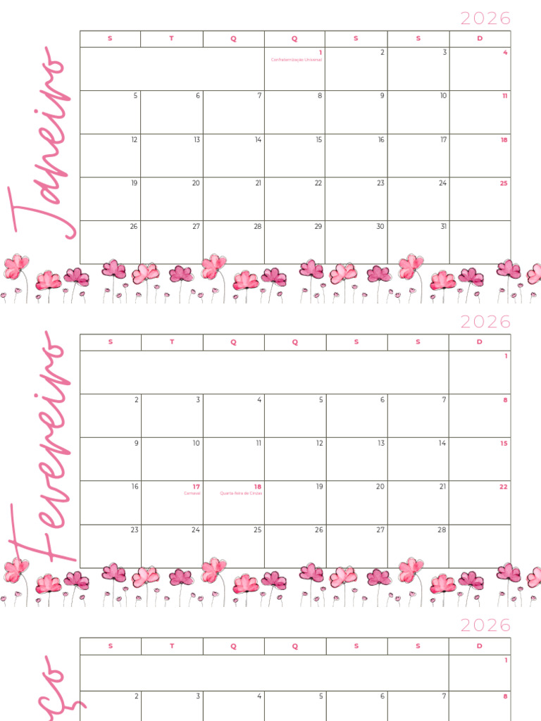Calendário Mensal 2026 Com Feriados Floral Preto e Rosa | PDF