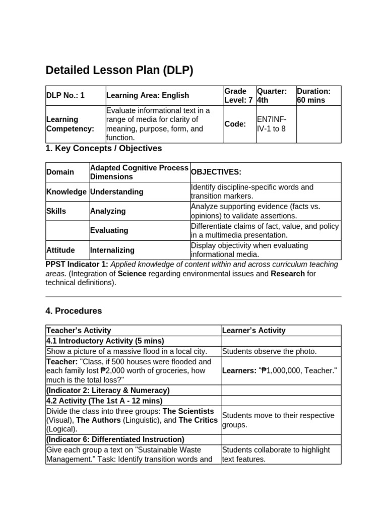 Detailed Lesson Plan 1 | PDF | Learning | Teachers