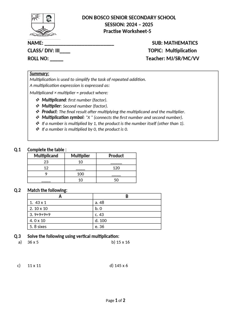 Class 3 - Practise Worksheet 5 - Multiplication | PDF | Multiplication ...