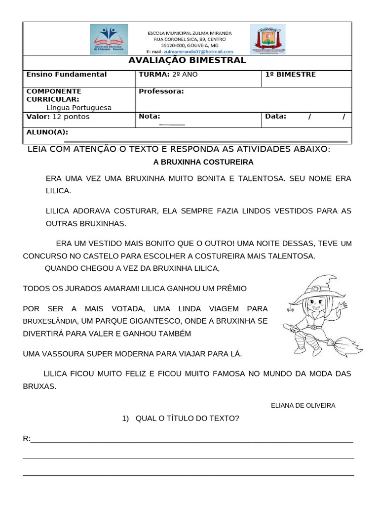 1º Bimestre AVALIAÇÃO BIMESTRAL DE LINGUA PORTUGUESA | PDF