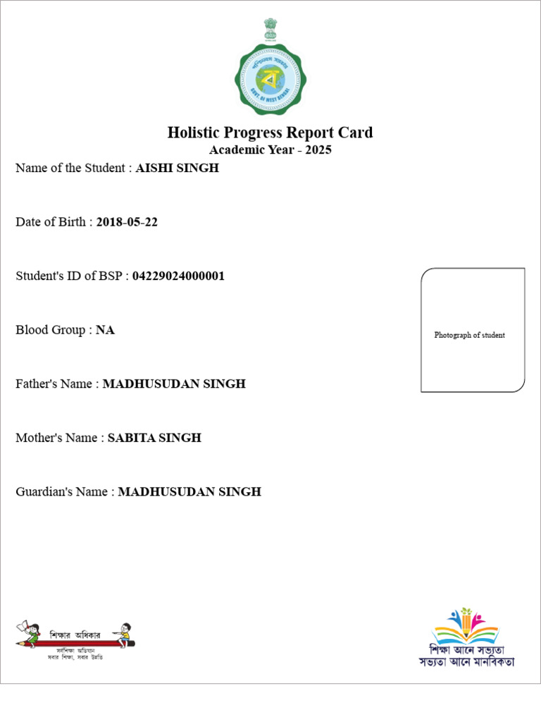 Aishi Singh Holistic Progress Report Card | PDF | Skill | Intellectual ...