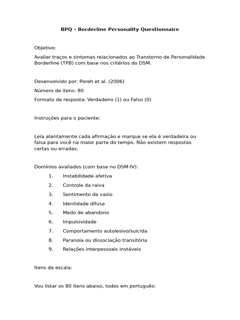 BPQ - Borderline Personality Questionnaire | PDF | Transtorno de ...