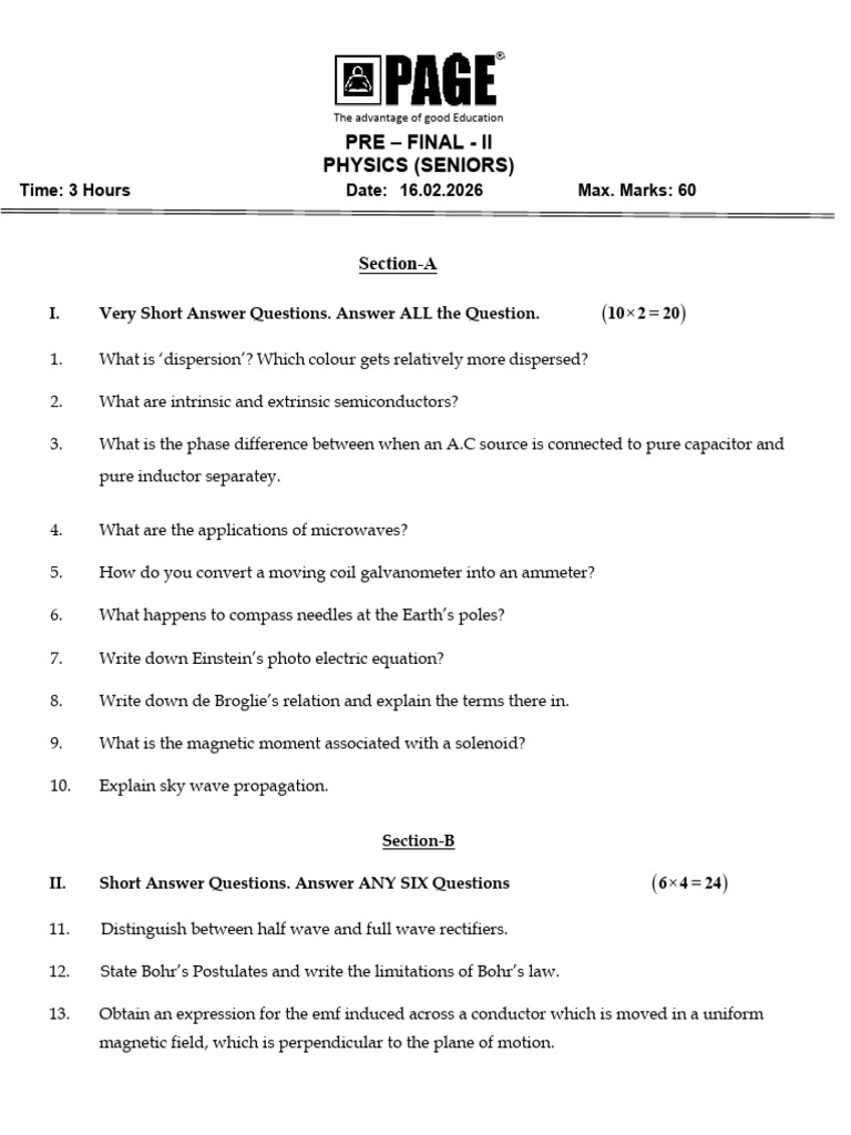 SR Physics Pre Final - II 16-02-2026 | PDF | Waves | Magnetic Field