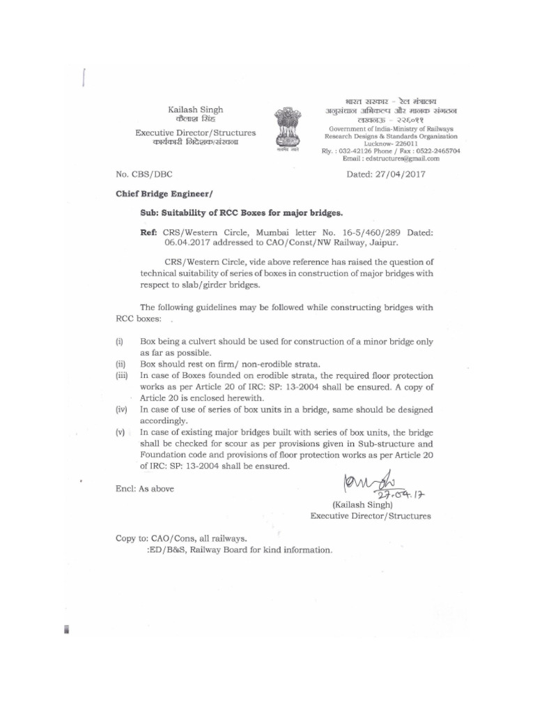 RDSO Letter For Suitability of RCC Boxes For Major Bridges DT 27.04. ...