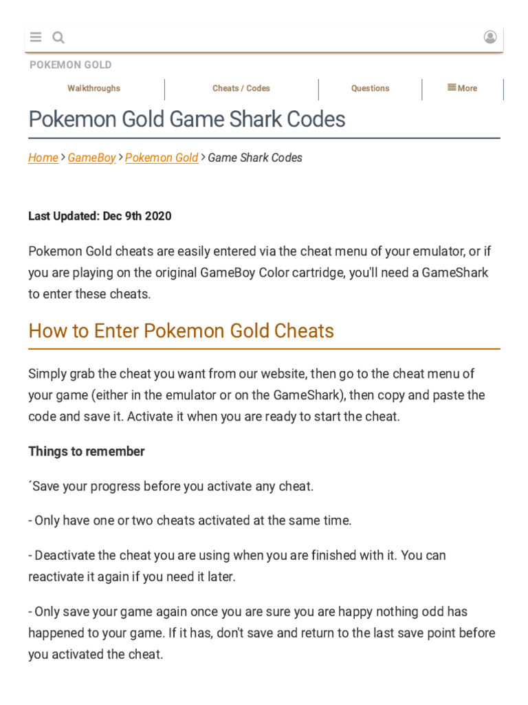 pokemon trading card game gameboy gameshark codes Pokemon Gold Cheats For GameShark - GameBoy | PDF | Cheating In Video Games
