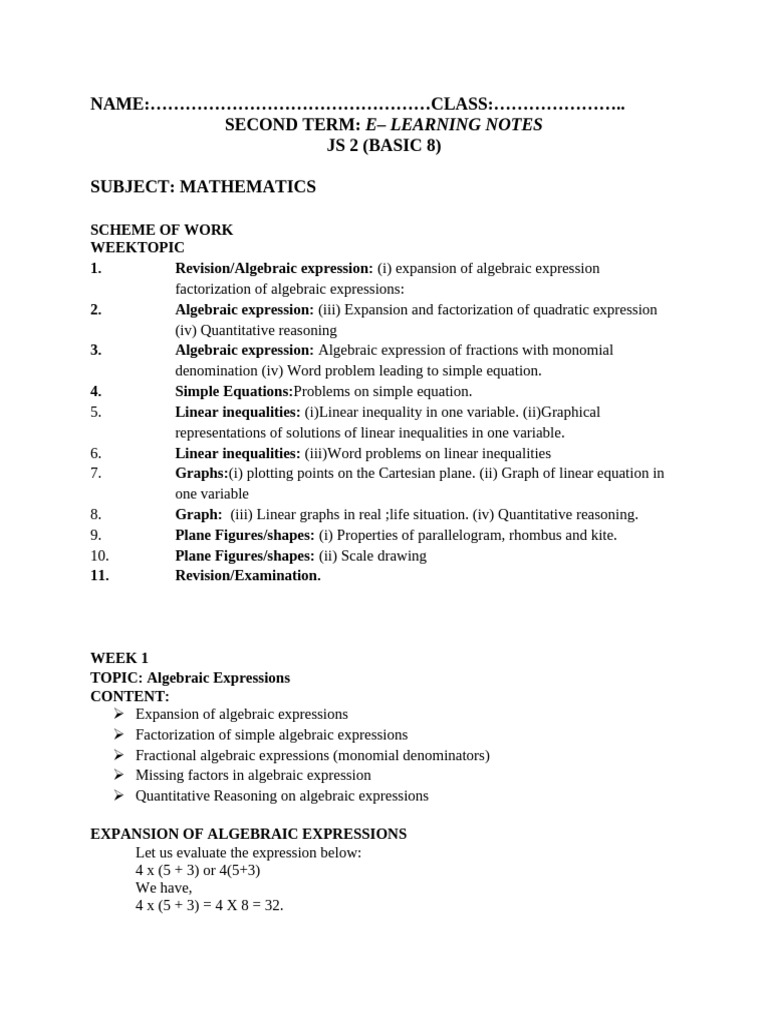 New Js2 Maths 2nd Term E-Notes | PDF | Cartesian Coordinate System ...